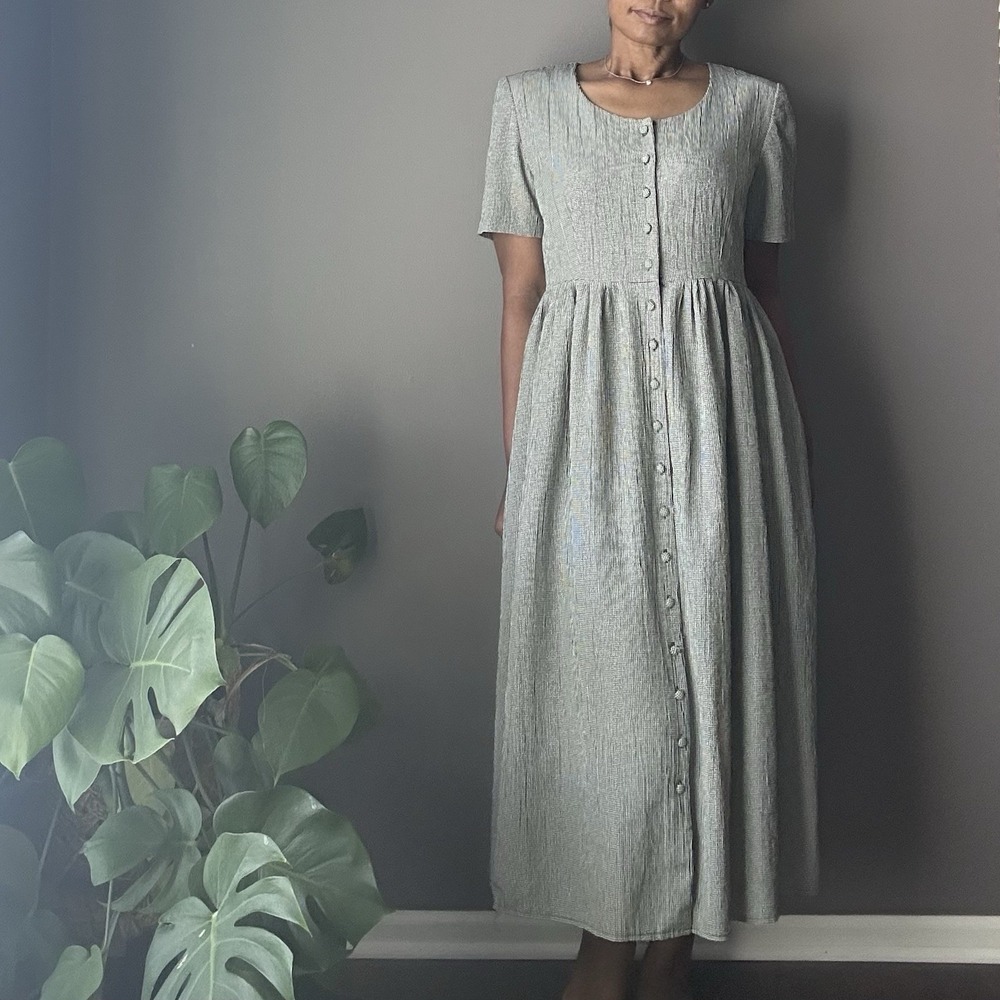 Vintage Karin Stevens Button Up Dress Size 14 Black Tie Back Cottage Country